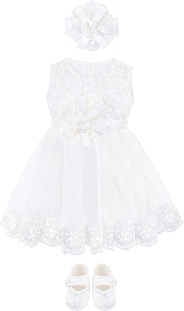 Baby Girl Newborn Christening Baptism Lace White Dress Gown 4 Piece Deluxe Set