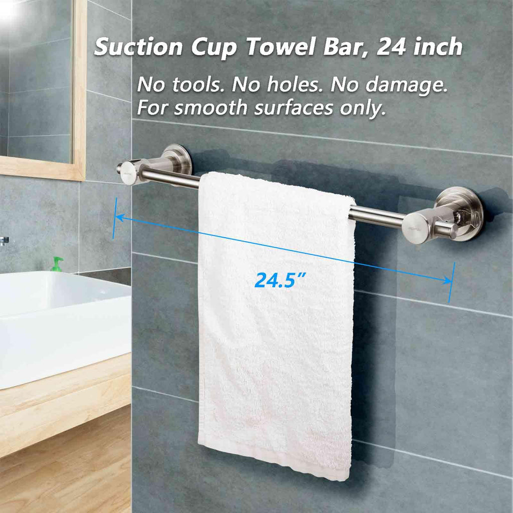 24 inch Suction Cup Towel Bar, Brushed Nickel