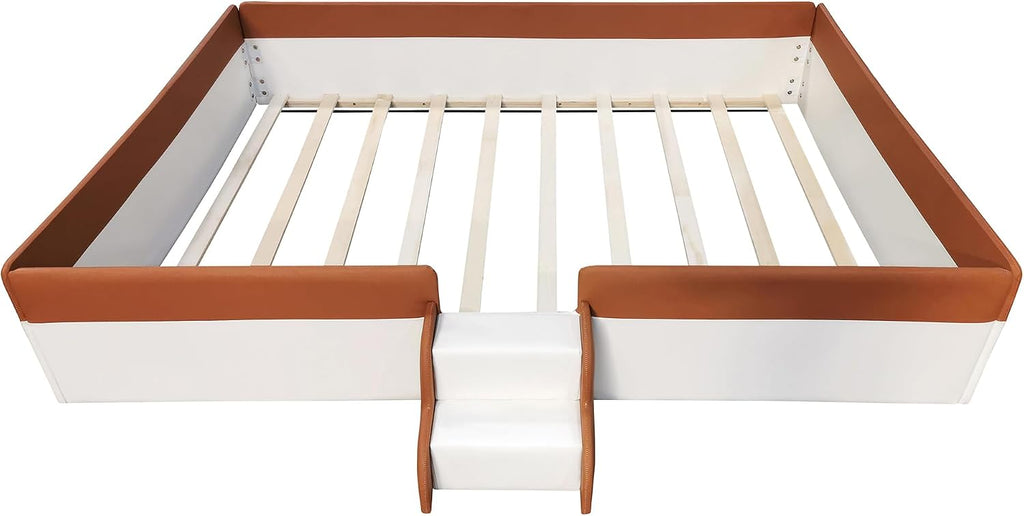 Queen Size Kids Floor Bed, Daybed Frame with Fence & Stairs, Upholstered Wood Bed , Brown+White