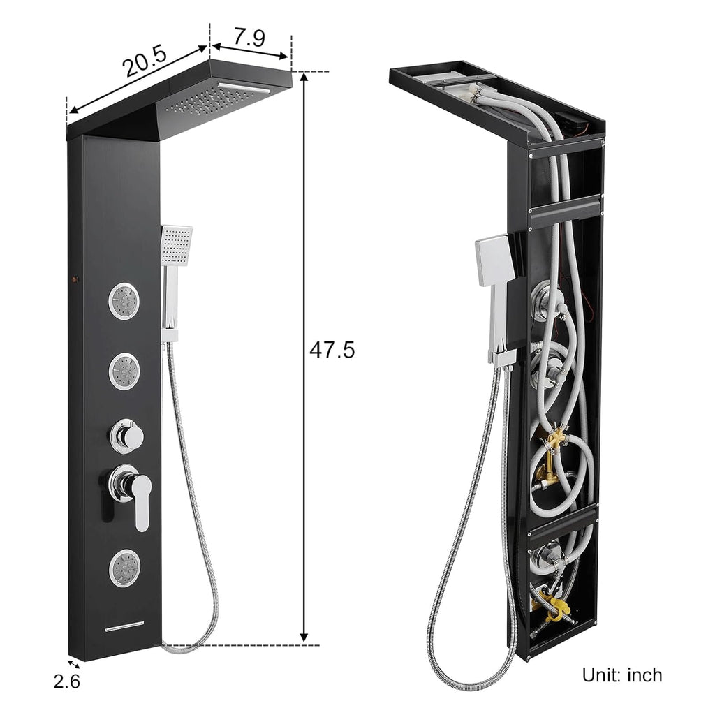 LED Shower Panel System with Massage Jets Stainless Steel Black