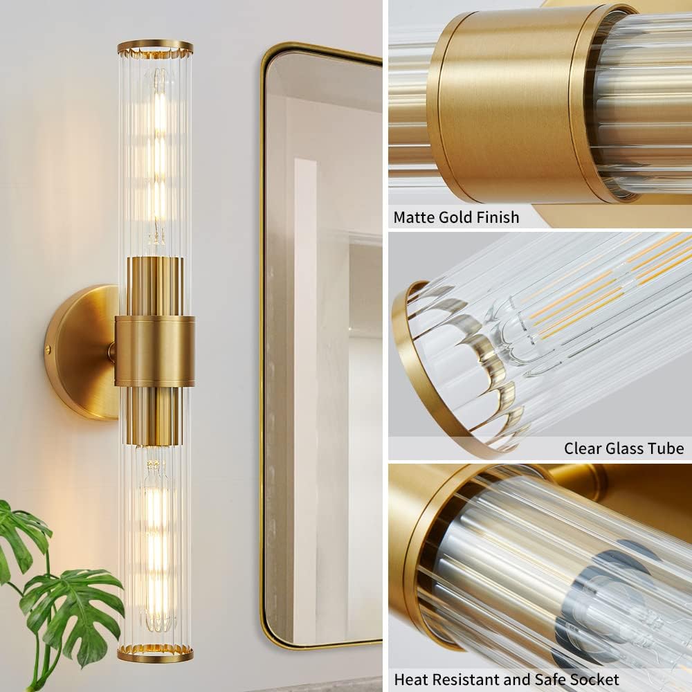 Hardwired Bathroom Light Fixtures, Gold Wall Sconce in Threaded Glass Indoor Wall Sconces, Modern Bathroom Vanity