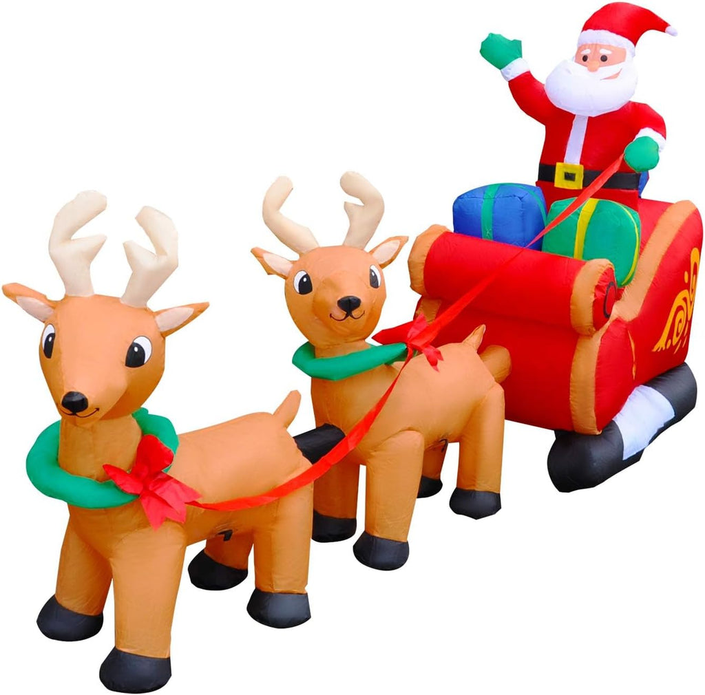 8 Ft LED Inflatable Christmas Reindeer Pull The Sleigh Take Santa Claus Xmas Decoration for Yard Lawn Garden Home