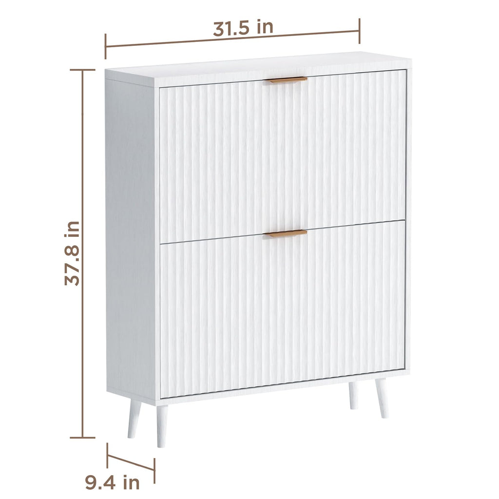 Shoe Cabinet Storage, Modern Freestanding Organizer with 2 Flip Drawers, Narrow Shoe Rack Cabinet, White