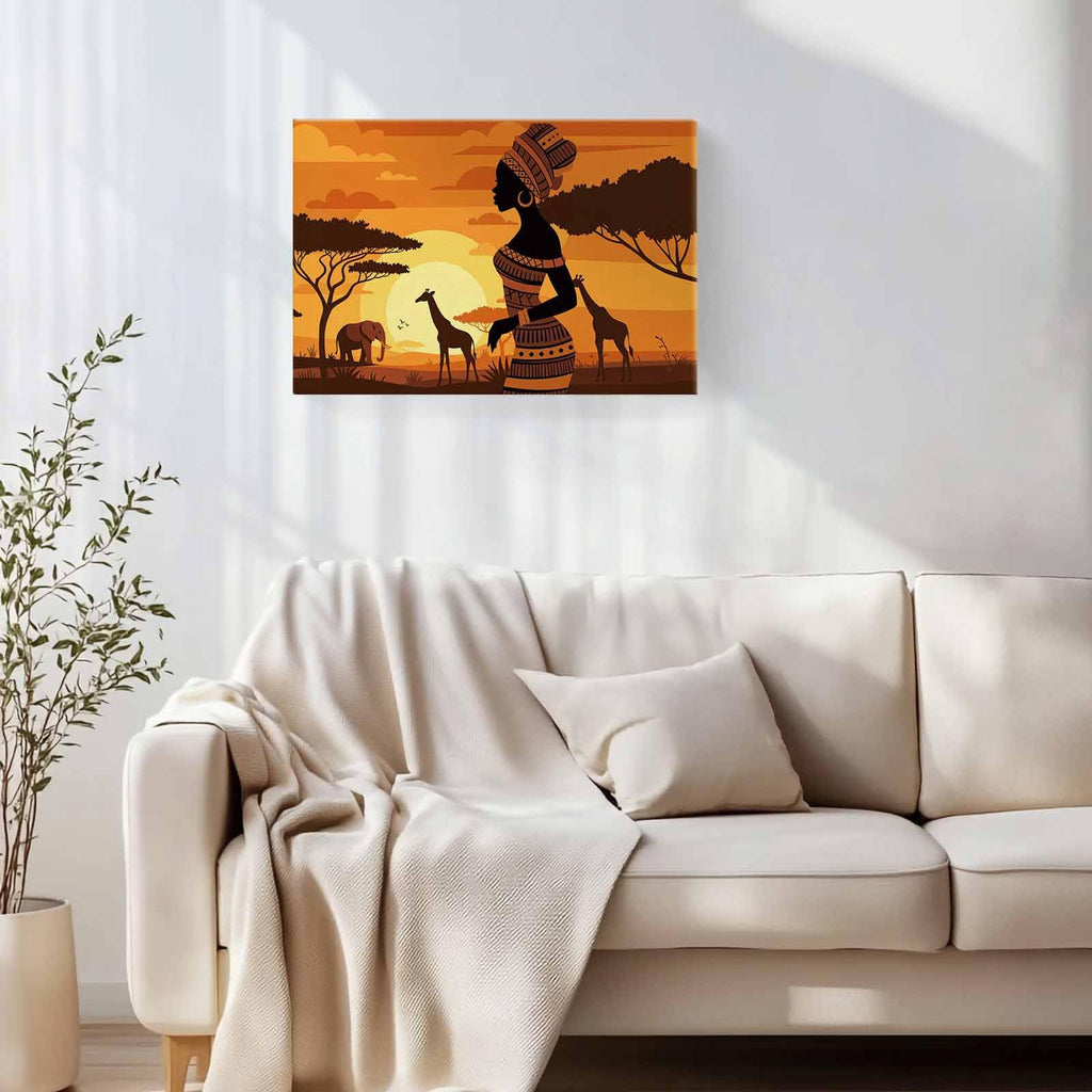 African Women Canvas Print Wall Art - Africa Ethnic Elephant Giraffe Animals Sunset - Wall Decor Modern Artwork