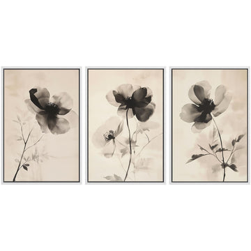 Framed Canvas Print Wall Art Set Black and White Ink Flowers Minimalist Monochrome Floral Illustrations Modern Art