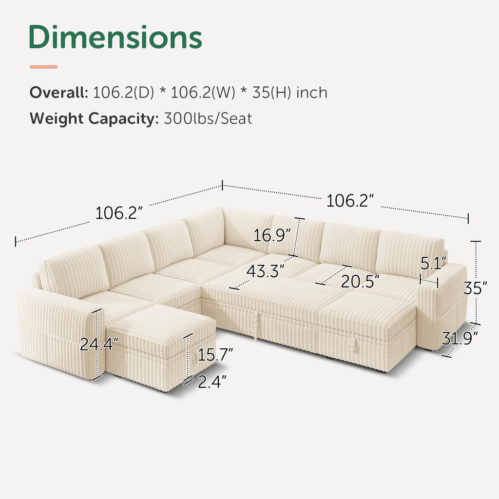 Oversized Corduroy Sleeper Sectional Sofa with Pull Out Bed, Beige