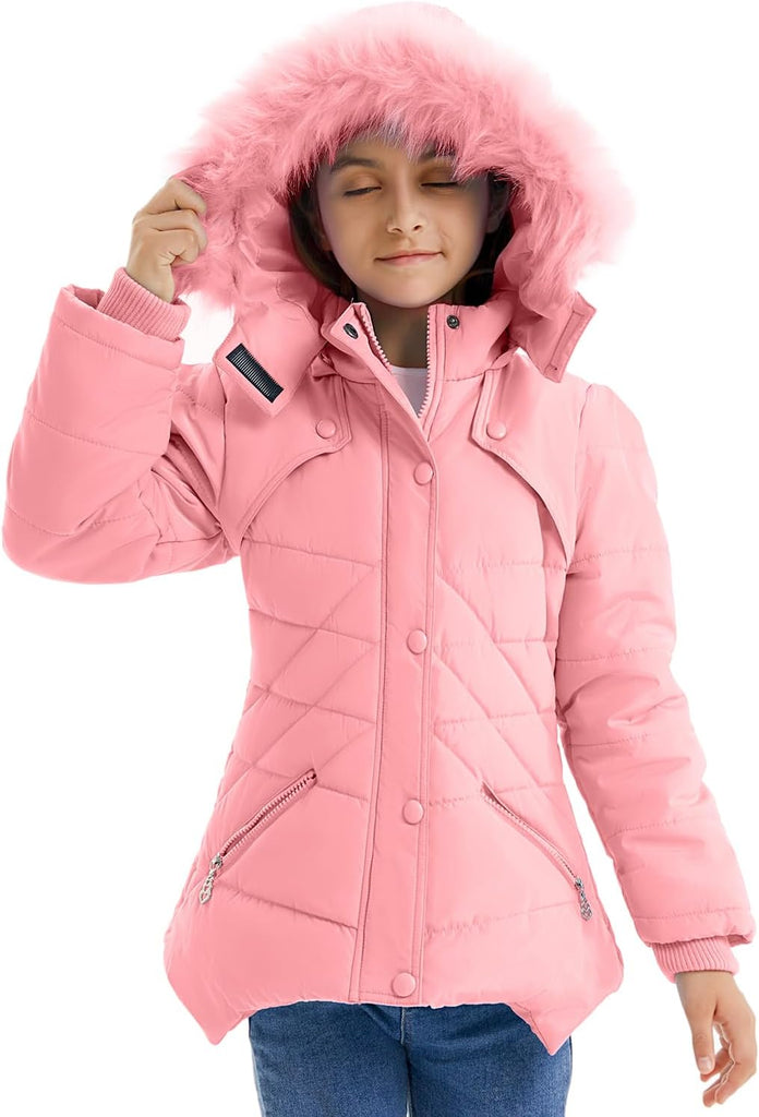 Girls' Winter Coats Fur Hooded Warm Puffer Jacket Coat with Fleece Lined