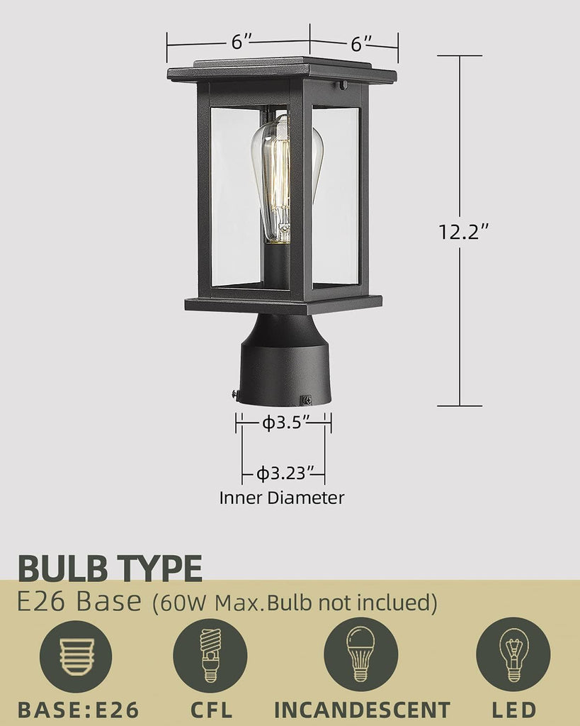 Outdoor Post Light Fixtures, HWH Exterior Pillar Lantern Pole Lamp in Matte Black Finish with Clear Glass Shade