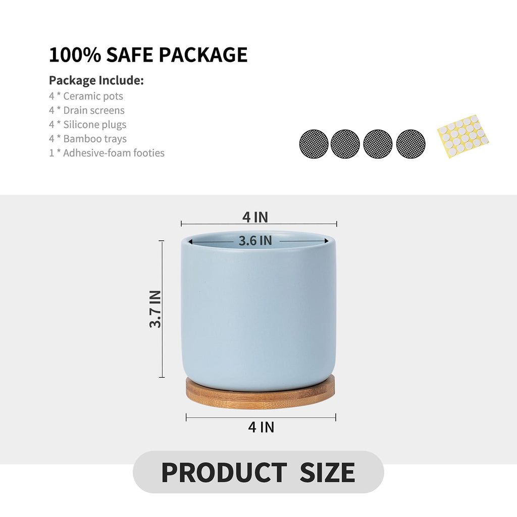 Succulent Pots, 4 Inch Ceramic Planter Plant Pot with Tray, Drainage Hole & Mesh Pad for Indoor Flowers, Cactus