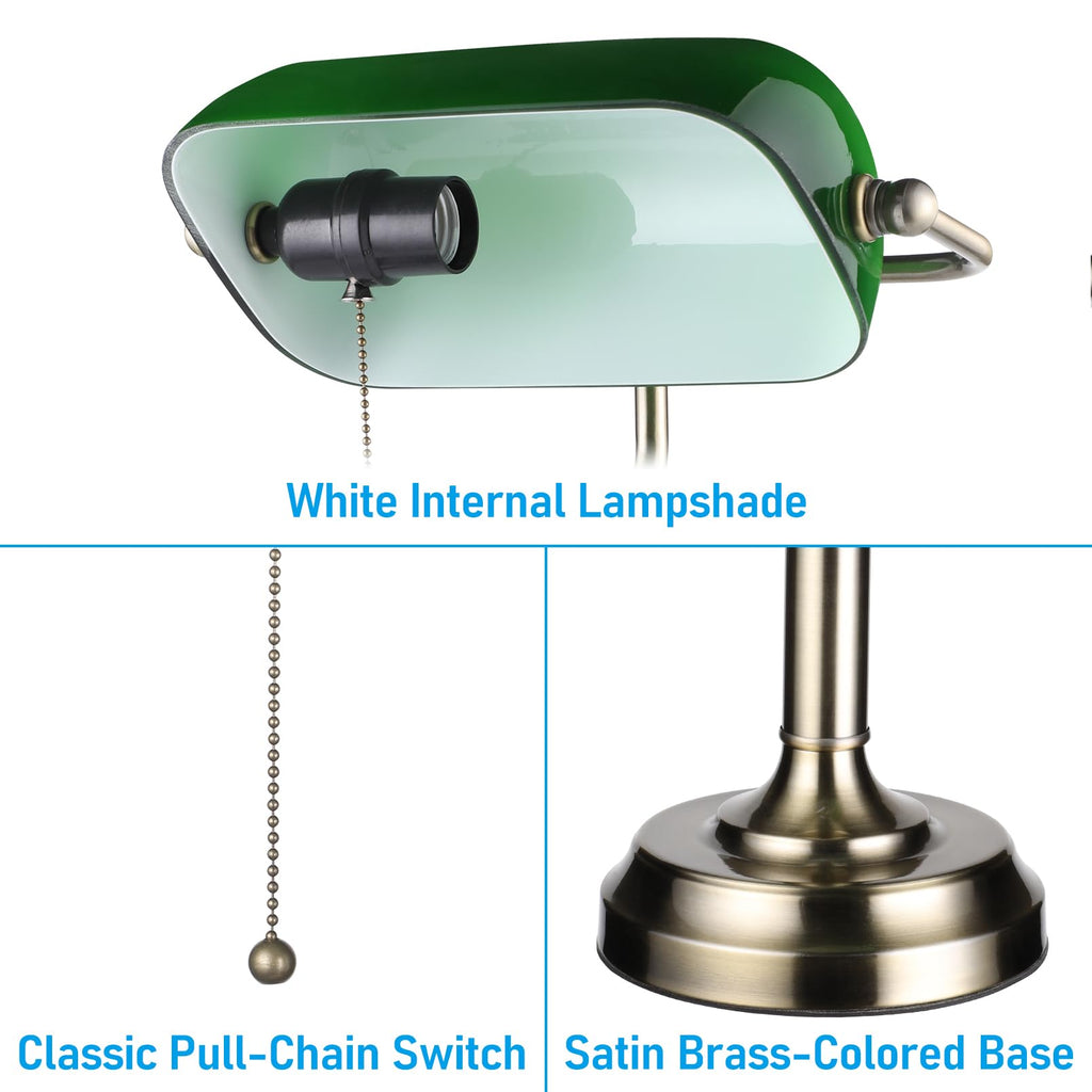 Green Glass Bankers Desk Lamp with Pull Chain, E26 Base