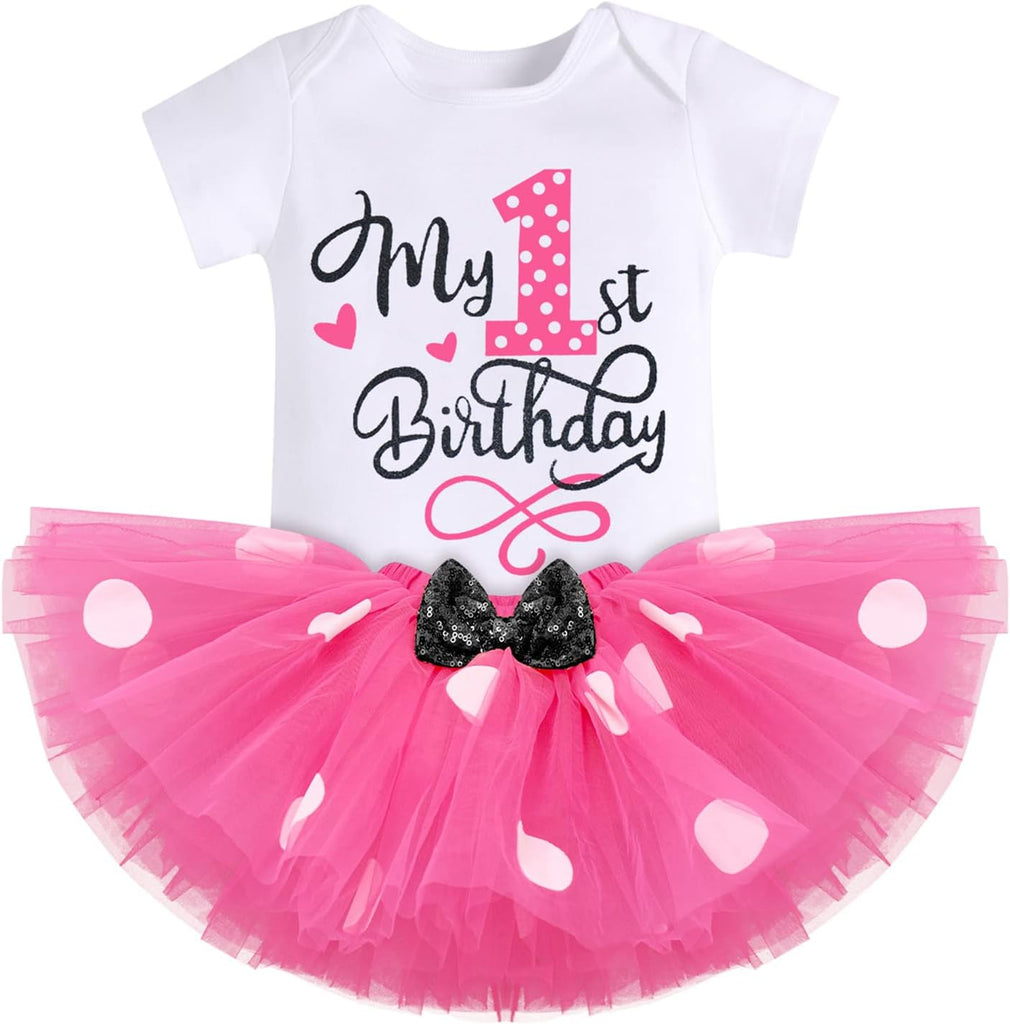Baby Girls One 1st 2nd 3rd Birthday Outfit Polka Dots Romper Tutu Dress Headband Princess Skirt Set Photo Shoot