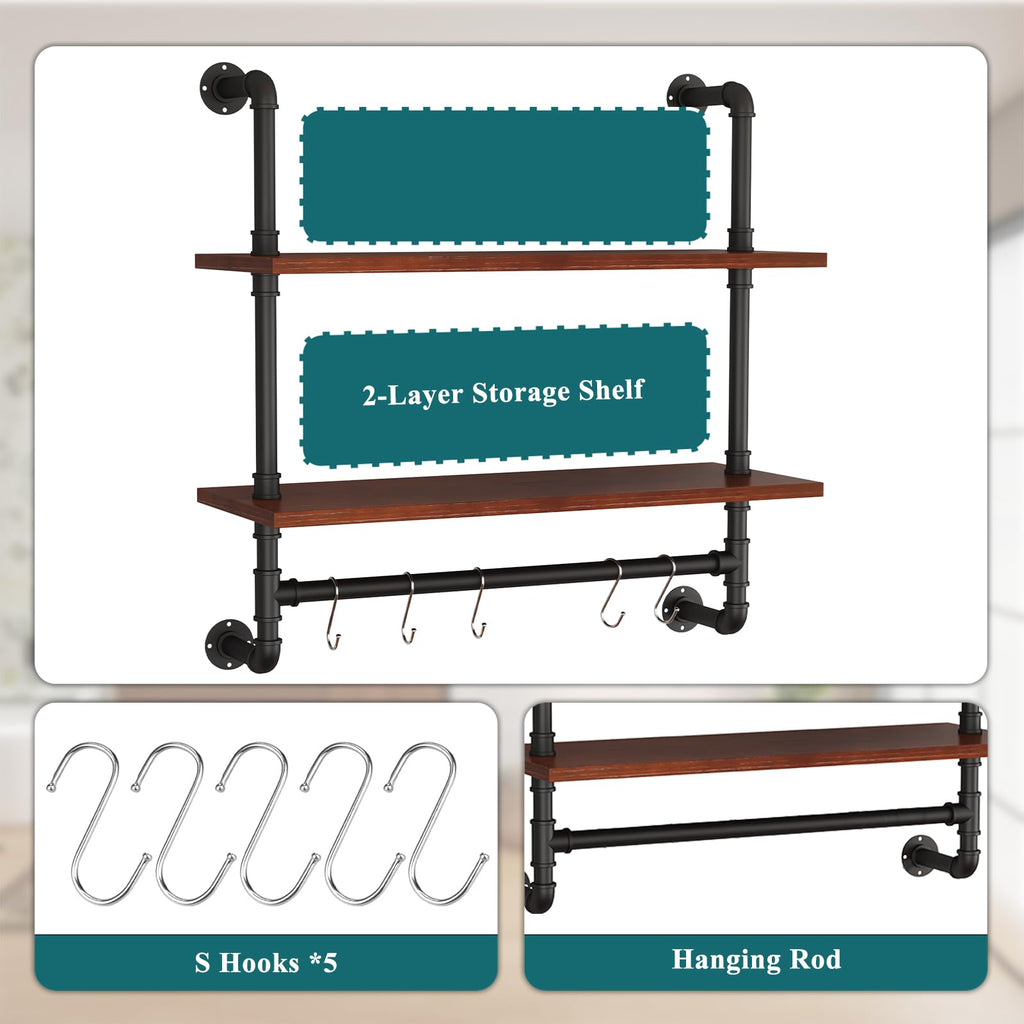 Industrial Pipe Shelving Wall Mounted, Pipe Shelves with Planks(2 Tier 24In)