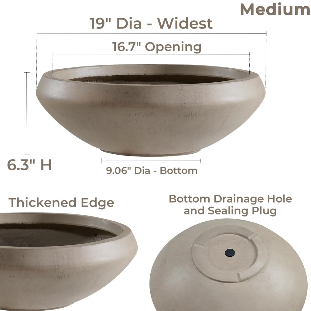 19" Dia x 6.3" H Weathered Concrete Bowl Planter, Large Succulent Pot