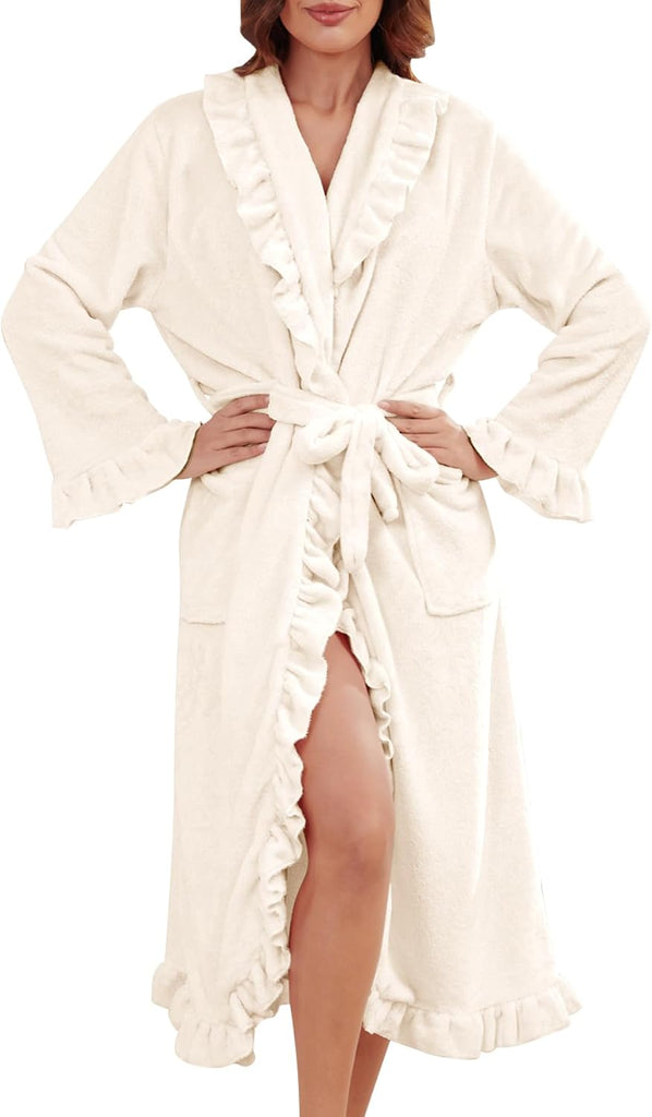Women's Long Fleece Robe Plush Fluffy Fuzzy Ruffle Bath Robe Warm Loungewear