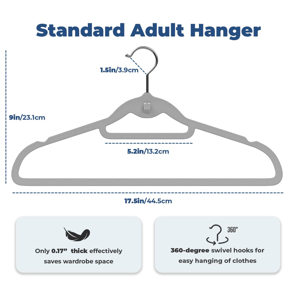 Grey Velvet Hangers, Stackable Hanger with Non Slip Felt Fabric