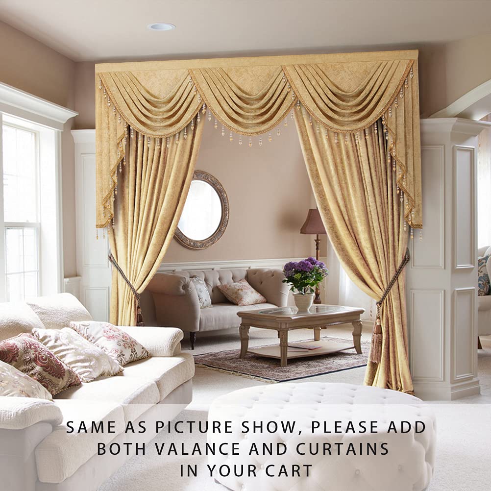 Thick Chenille Window Curtains Valance, Luxury Gold Valance with Beads, Rod Pocket (W79inch, 1 Panel)