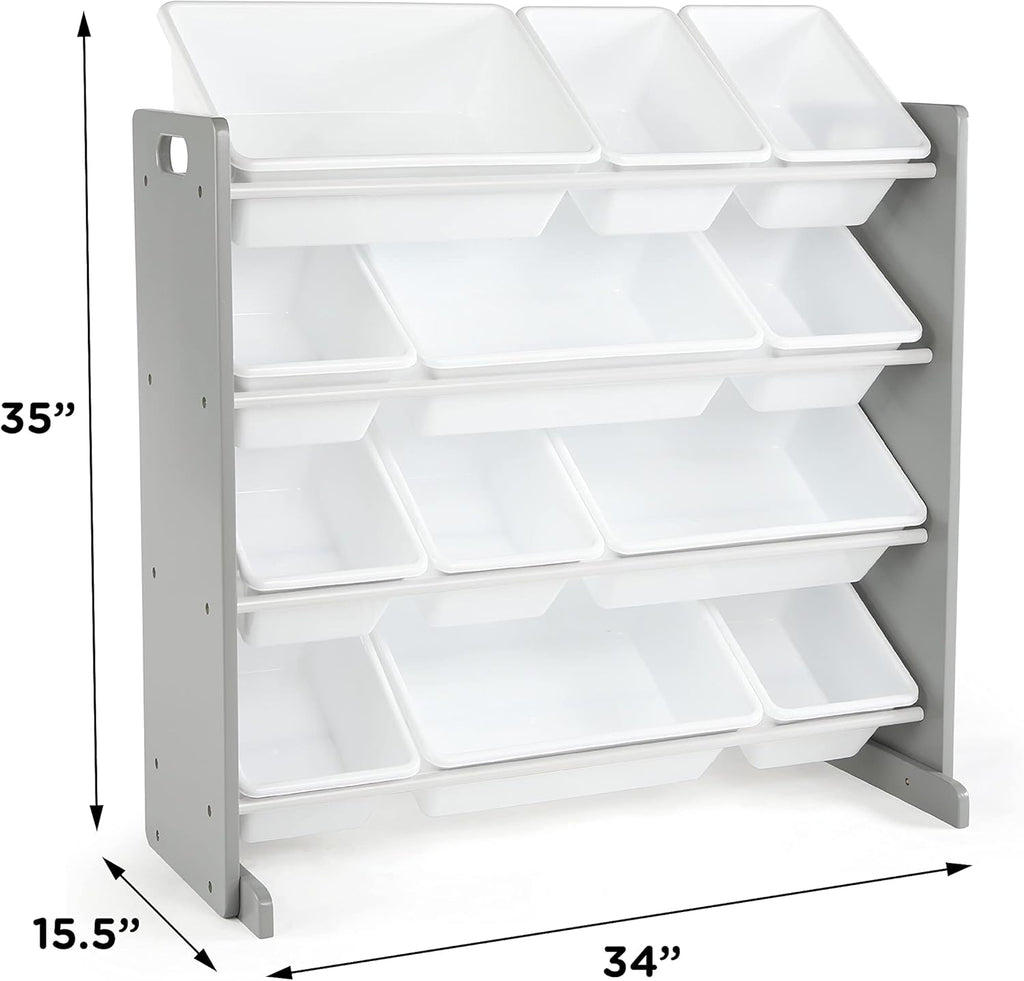 Toy Storage Organizer with 12 Removable Storage Bins for Kids Playroom, 4-Tier Toddler Toy Organization, Grey/White