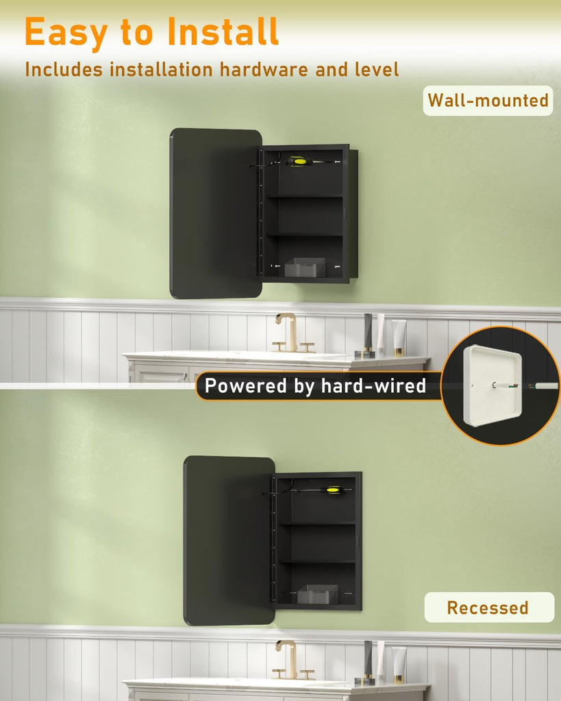 LED Medicine Cabinet Mirror with Lights 16x24 Inch | Wall Mounted or Recessed, Black Metal & Shatterproof Tempered