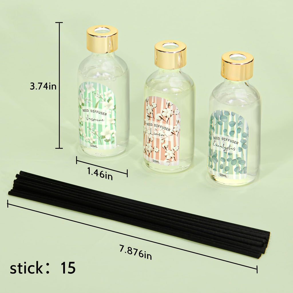 Reed Diffuser of 3 Pack, Linen Eucalyptus Jasmine Oil Diffuser Set with 15 Sticks, Bathroom Air Freshener