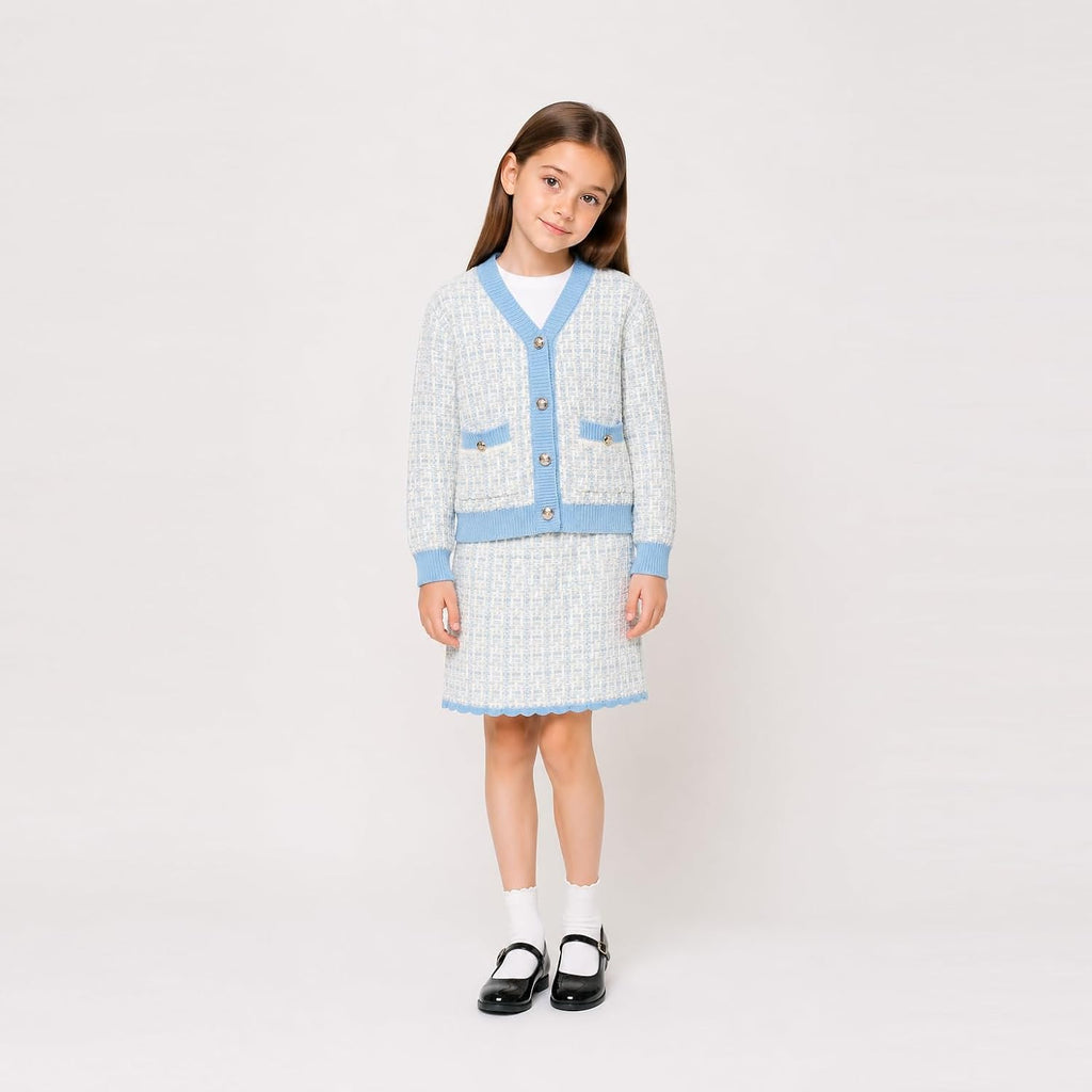 Cute Little Girls Ribbed Knit Cardigan Skirt Set School Style