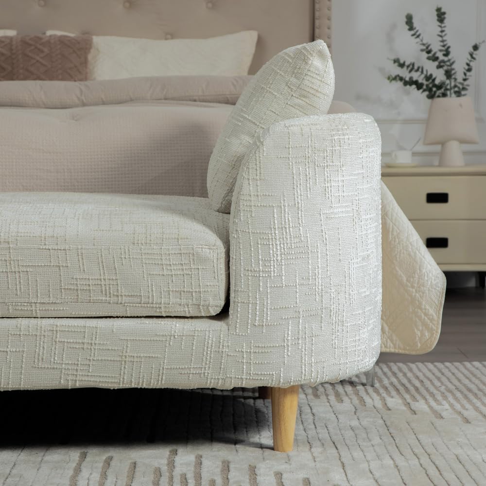 77.2" Chenille End of Bed Bench Chaise Lounge, Upholstered Bedroom Bench with Arms & Bolster Pillows, Rubberwood Legs