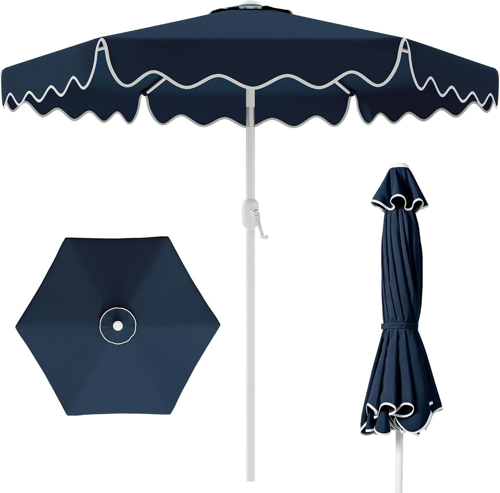 Patio Umbrella with Wavy Trim, UV-Fade-Resistant Canopy, Crank & Tilt - Navy 7.5ft