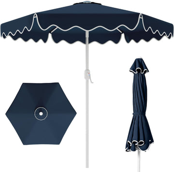 Patio Umbrella with Wavy Trim, UV-Fade-Resistant Canopy, Crank & Tilt - Navy 7.5ft