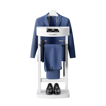 Freestanding Solid Wood Suit Valet Stand with Tie Bar, Suit Stand for men