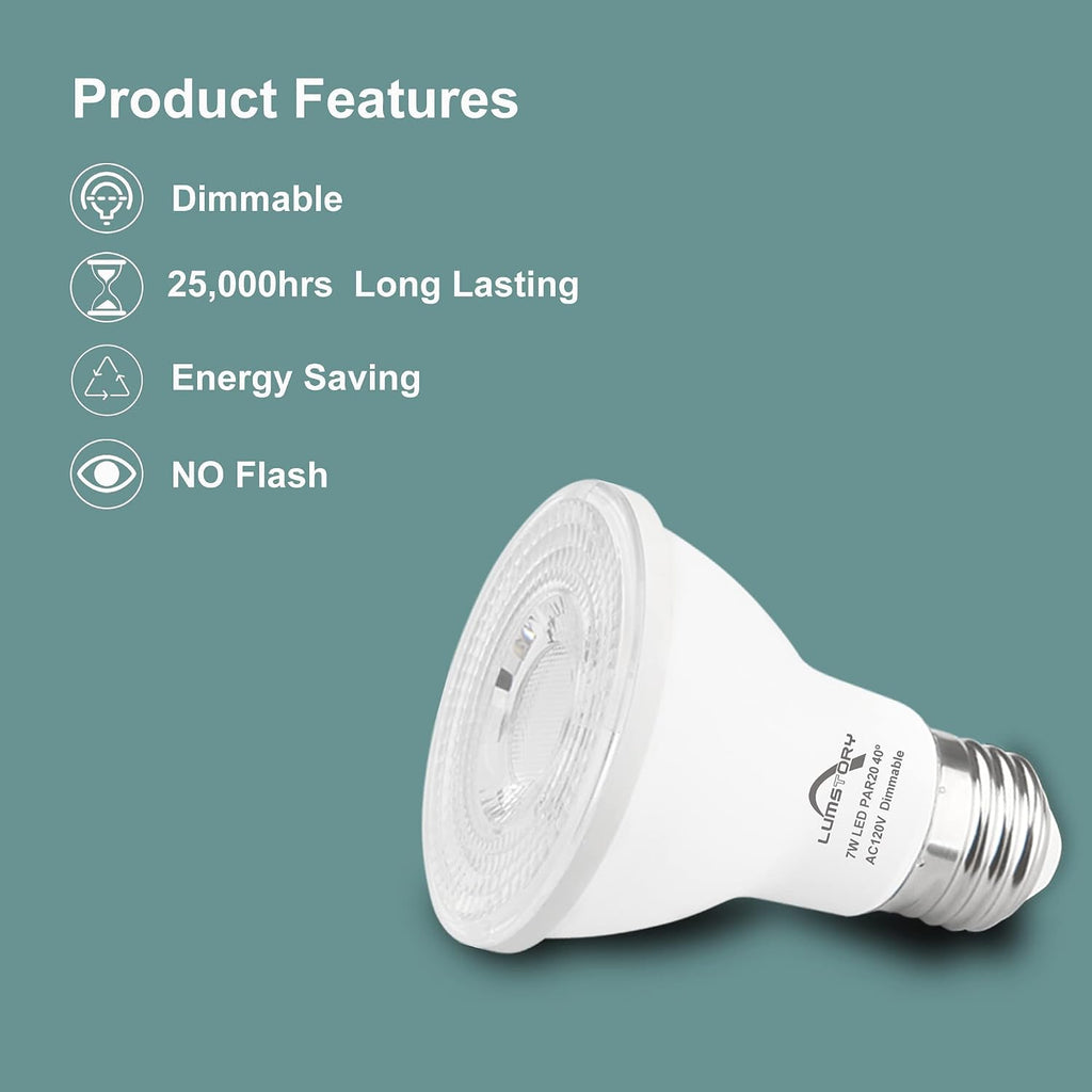 Par20 Led Flood Light Bulbs 5000K Daylight Dimmable 50W Halogen Replacement 7W E26 40 Degree Spot Beam Angle Indoor