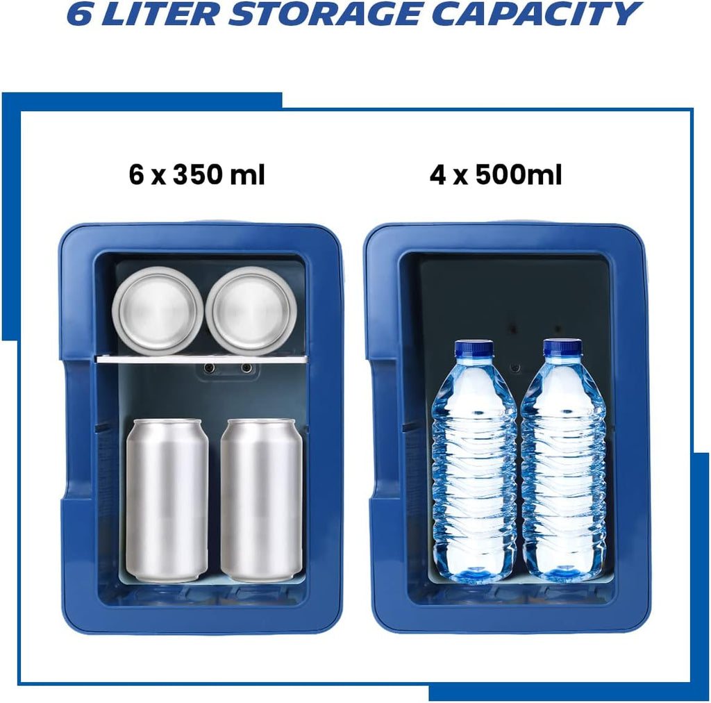 Michelin Portable 6 Can Mini Fridge, LED Lighted Door, 6L (6.3 qt) Capacity, Blue, Travel Cooler with 12V DC and AC