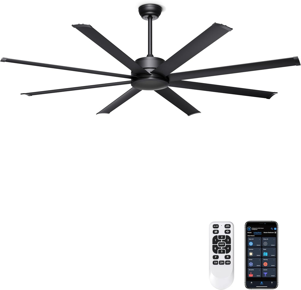 72" Large Ceiling Fan No Light - Industrial Fan Remote & APP Control, Quiet DC Motor, Indoor/Outdoor Ceiling Fan