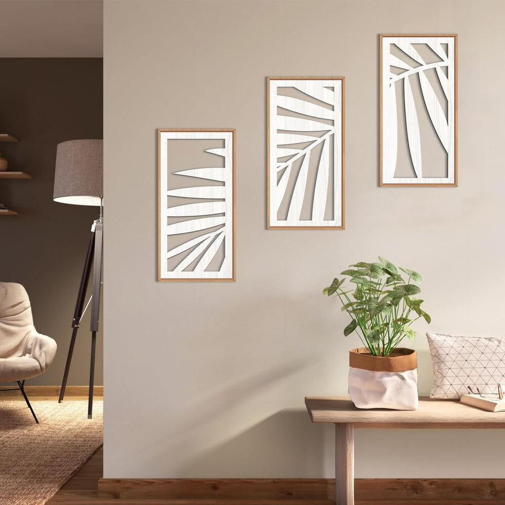 Tropical Palm Tree Leaf Wood Wall Art White Framed 8x16 Inch Set of 3 Hawaii Plant Leaves Wooden Wall Decor