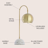 23.5" Brass Gold and White Stephen Metal and Marble LED Table Lamp, Modern Arched Task Lamp Bedroom Office