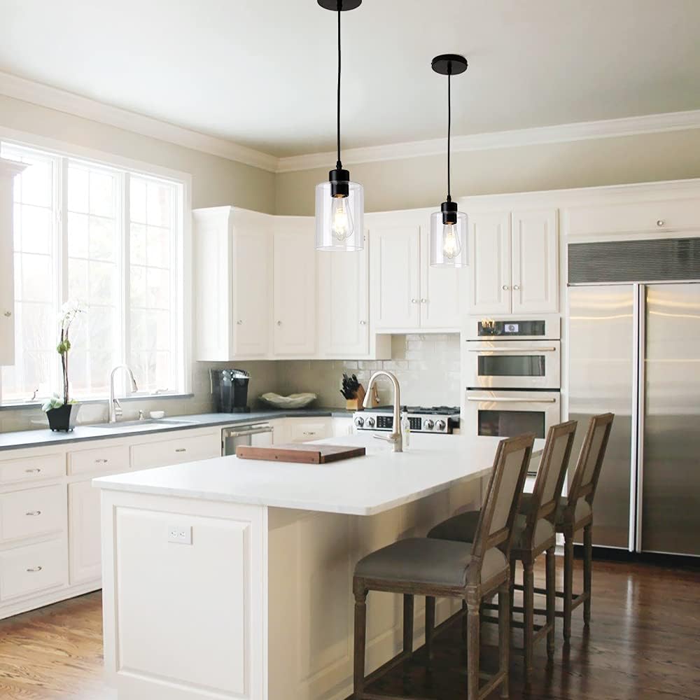 Modern Black Farmhouse Clear Glass Cylinder Pendant Light Fixture,Island Lights for Kitchen,Mini Pendant Lighting for