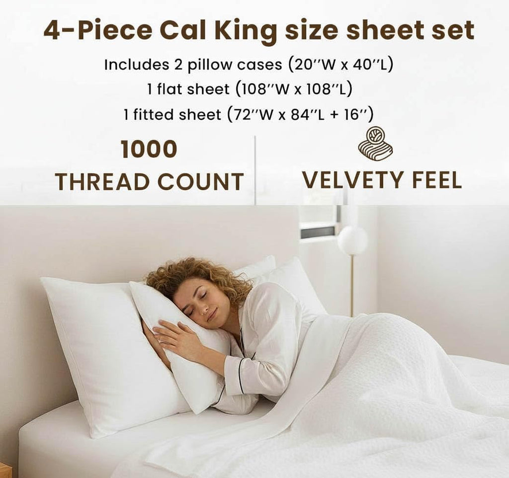 California King Sheets, 1000 Thread Count 100% Cotton 4-Piece Bed Sheet Set, 16-Inch Deep Pocket, Soft Breathable