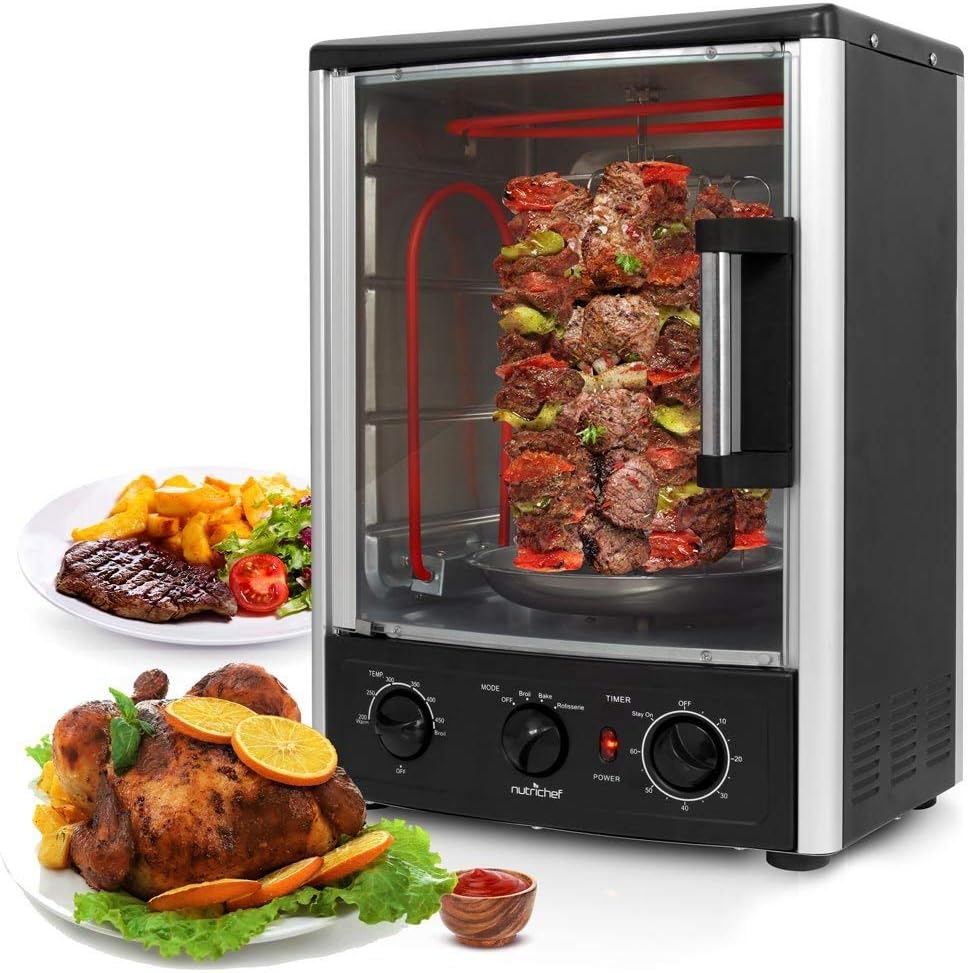 Vertical Countertop Oven with Rotisserie, Bake, Broil, & Kebab Rack Functions - Adjustable Settings 