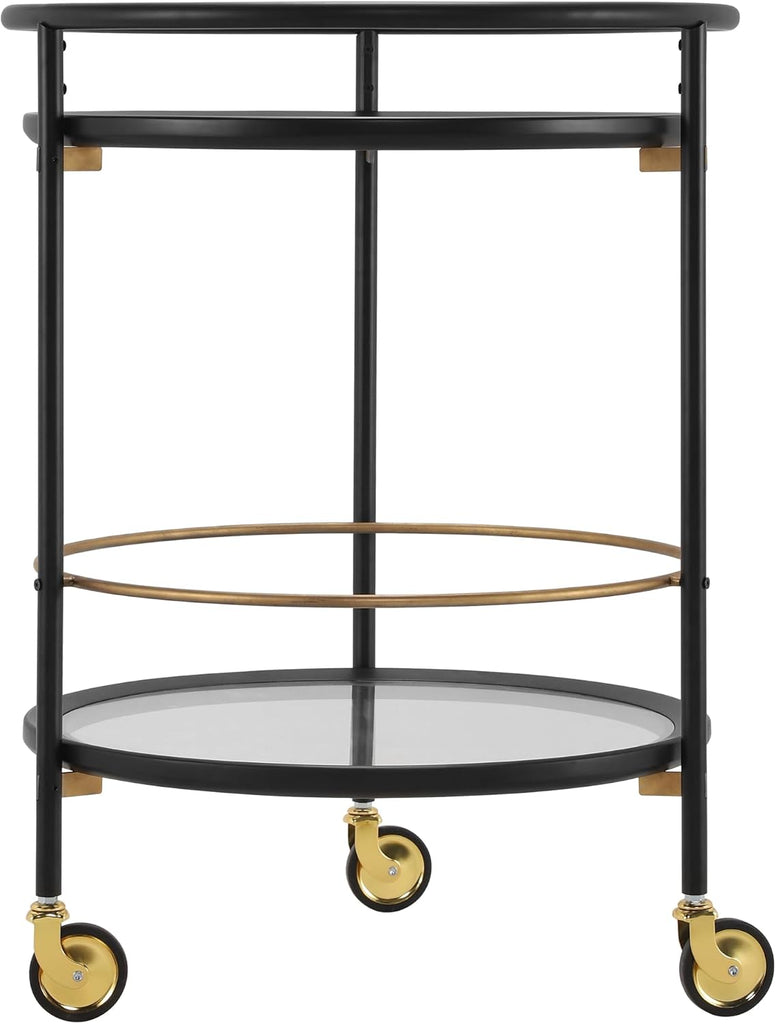 Modern Round Bar Cart with Dual Tempered Glass Shelves, Lockable Wheels and Gold Metal Accents, Rolling Beverage