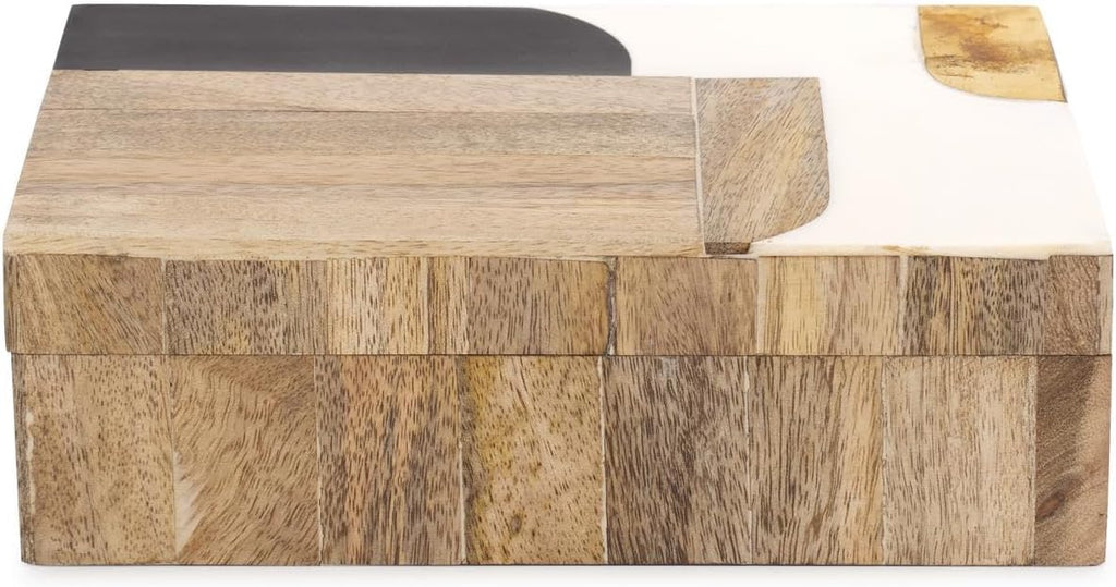Craftsman Decorative Lidded Storage Box, Modern Wood Accent Organizer with Black Gold Patterned Top for Table, Shelf