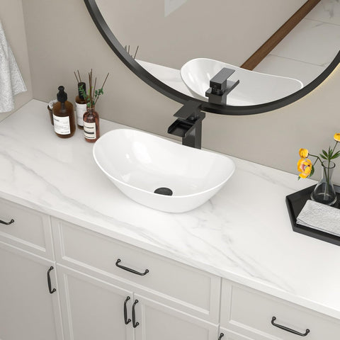 Bowl Sink For Bathrooms 17" x 11" Oval White Vessel Sink Modern Boat Shape Artistic Basin Bathroom Vessel Sinks Above