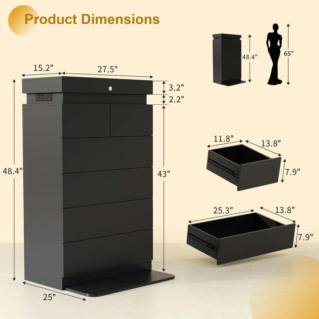 48" Tall Black Dresser 6 Drawer with LED Lights & Charging Station
