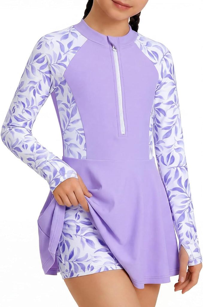 Girls Long Sleeve Swimsuit Two Piece Rash Guard Dress with Swim Shorts Front Zip for Kids Tween Teens UPF 50+