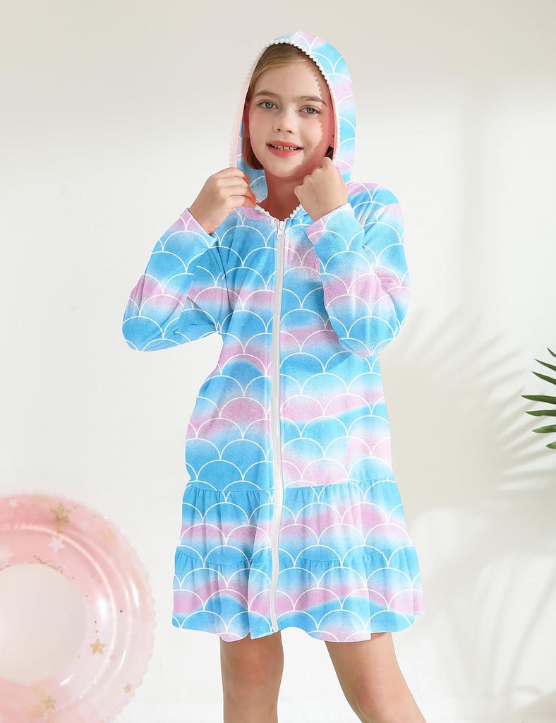 Girls Swim Cover Up Kids Long Sleeve Swimsuit Coverup Terry Beach Pool Clothes with Sunglasses