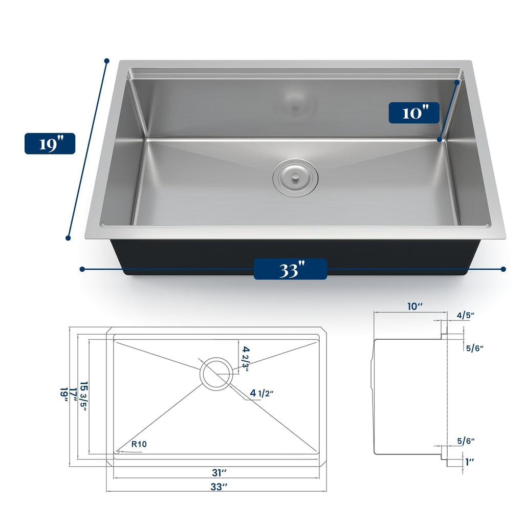 Undermount Kitchen Sink 33×19×10 inch Single Bowl with Ledge, Premium Stainless Steel, Includes Drain and Grid, Ideal