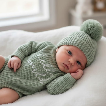Knit Sweater and Beanie Hat Set, Pom Pom Detail, Long Sleve, Round Neck.