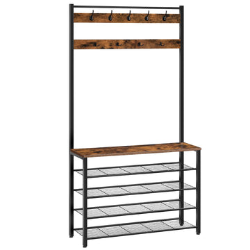 Hall Tree, Coat Rack with Shoe Rack, 39.4" Hall Tree with Bench, 5 Tier Shoe Storage Organizer with 9 Hooks, Closet