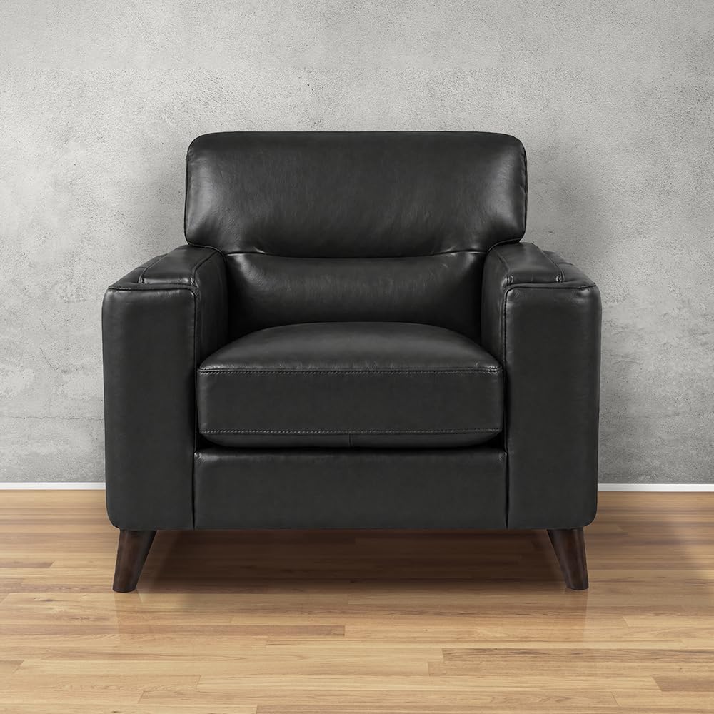 Elm Top Grain Leather Sofa and Chair Set, Black, Feather Down, Memory Foam and Springs Seating