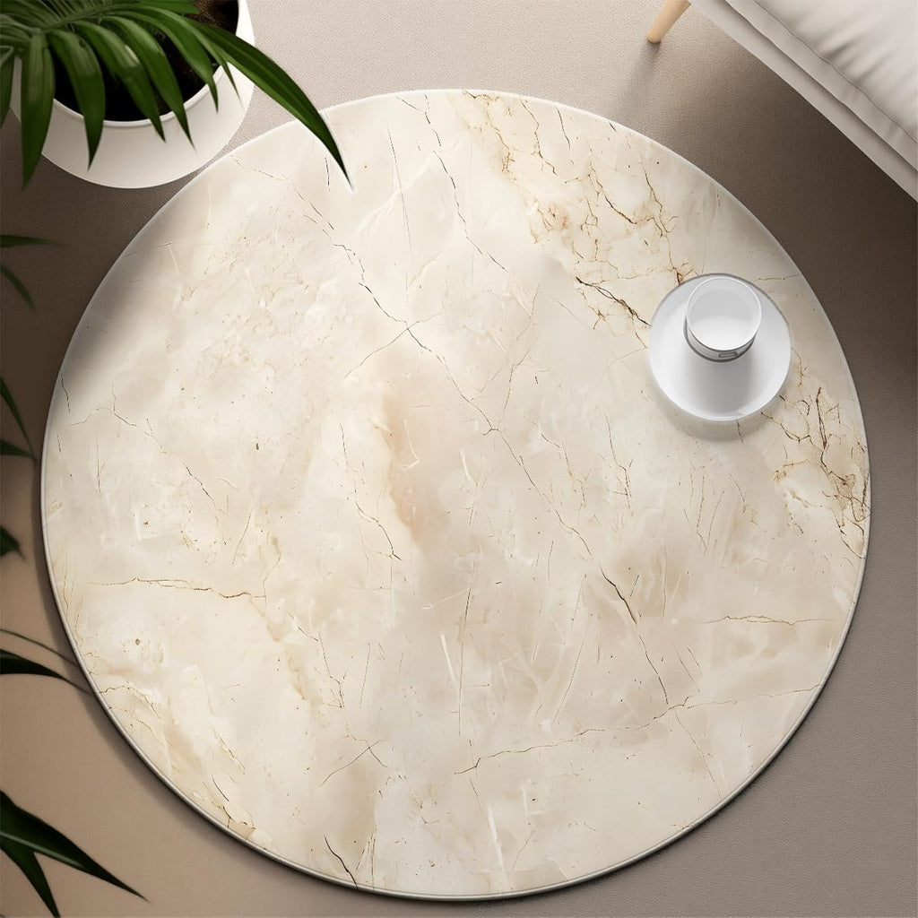 Scandi Washable Round Rug Non-Slip Neutral Stone Cracks Veins Circle Accent Rugs Modern Marble Beige 4ft