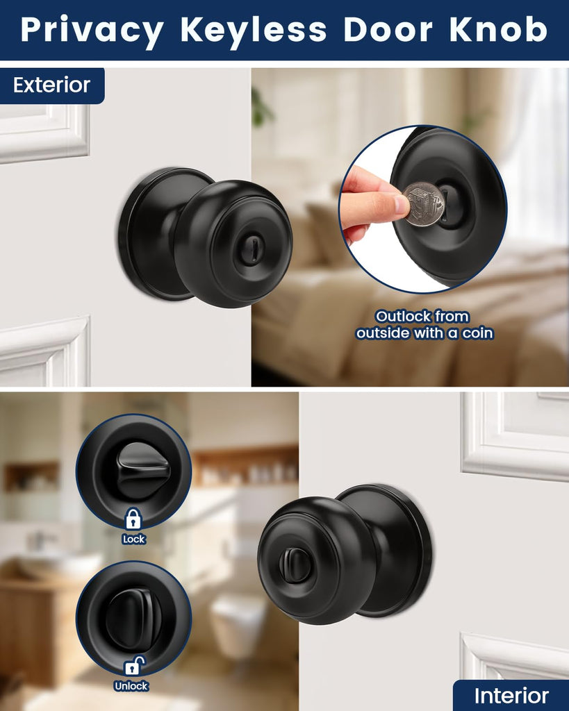 10 Pack Matte Black Privacy Door Knobs Interior, Classic Round Shape Bedroom Doorknobs with Lock, Keyless Modern