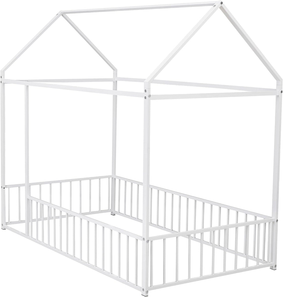 Twin Size Montessori Floor Bed, Metal House Bed Frame for Kids, Floor Beds with Fence, White