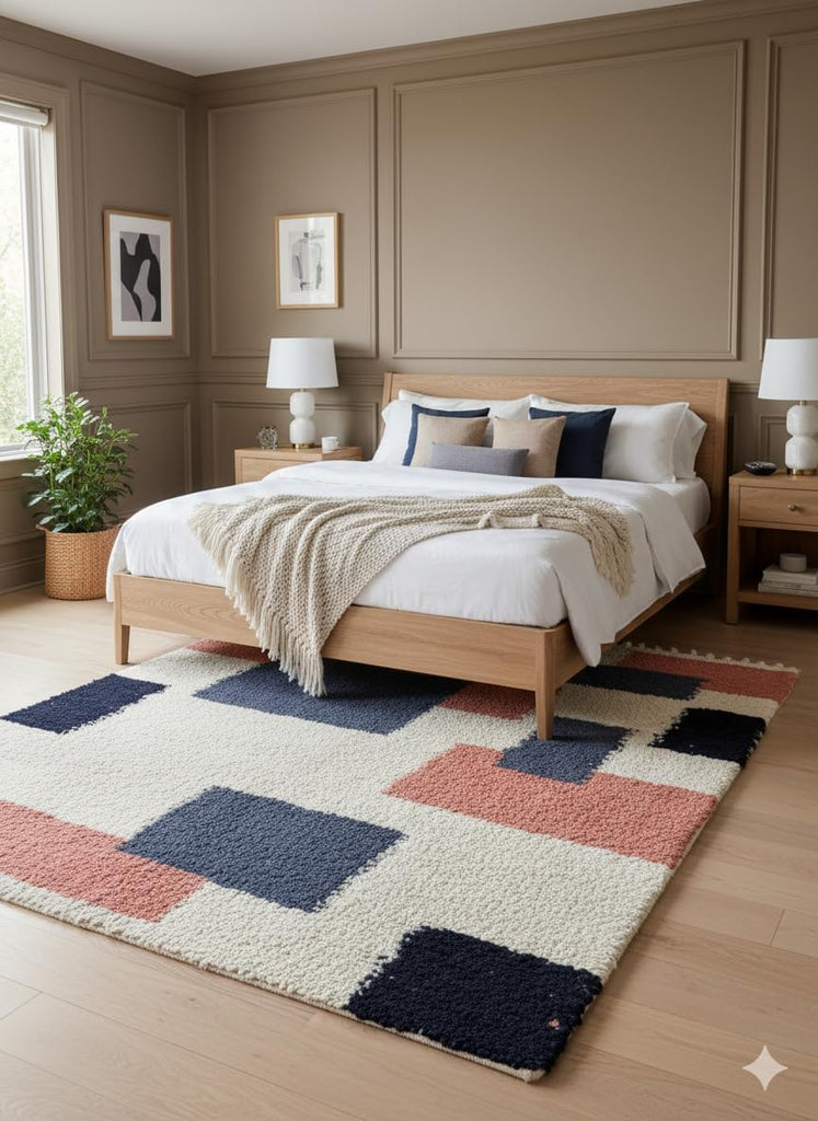 Wool Area Rug 6' x 9' - Handmade Berber Shag, Modern Geometric Color Block Design, Ivory/Cream with Navy and